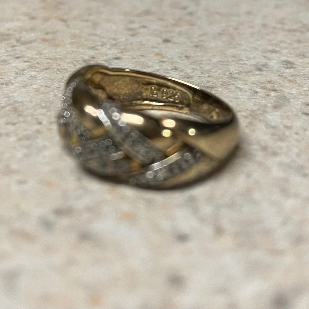 Bold .925 Sterling Silver Gold Vermeil Diamond Chip Band Ring | Size 6.5
